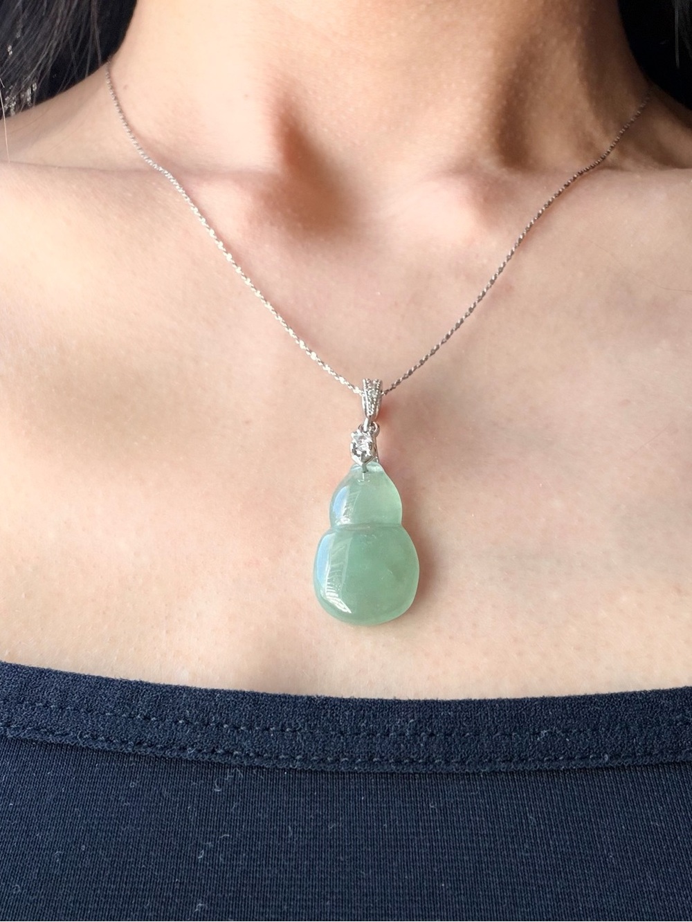 Silver Chain Necklace with Green Jade Gourd Pendant